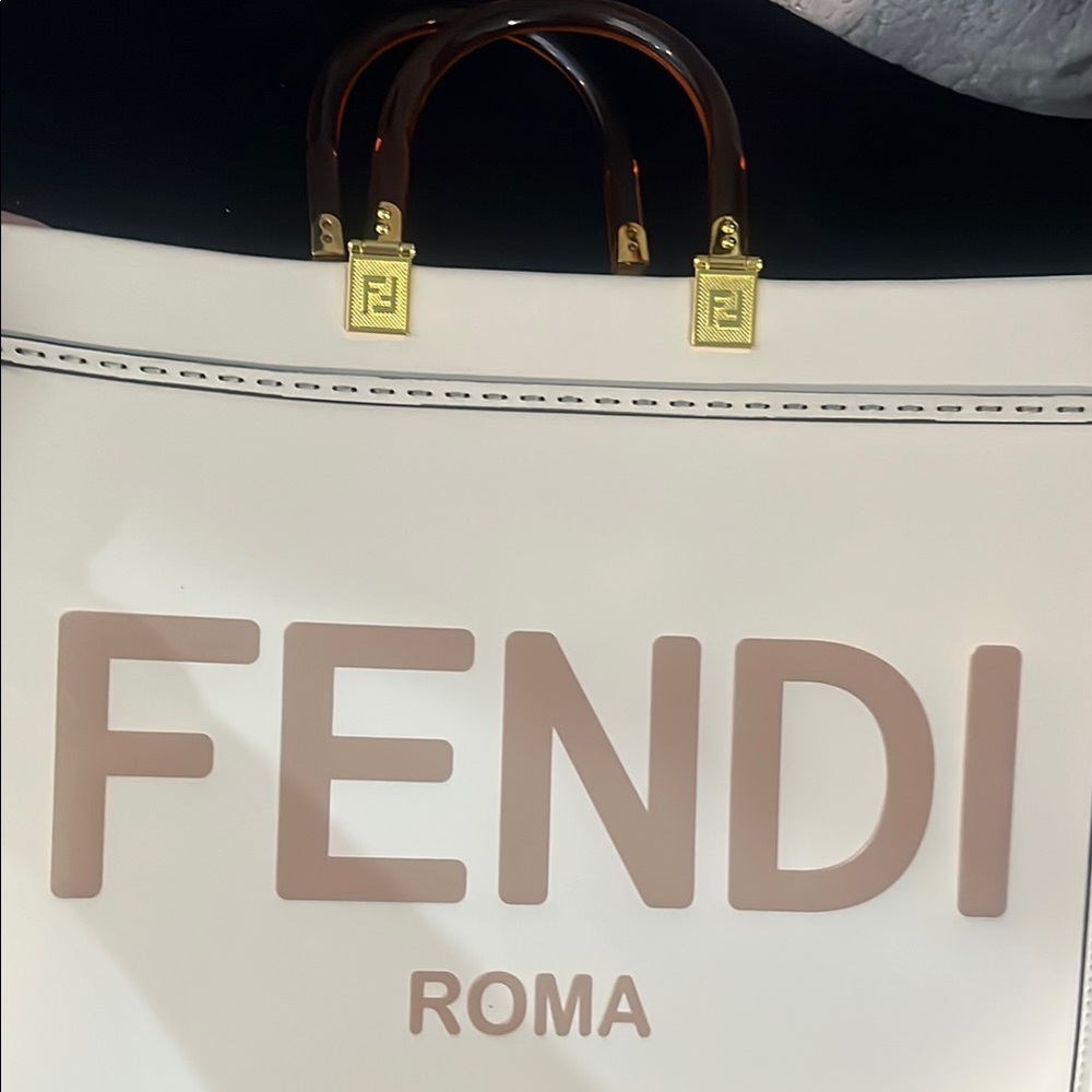 Fendi White Tote with Tan Logo and Tortoiseshell Handles